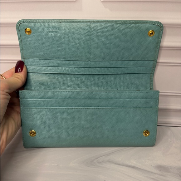 Prada Saffiano Leather Long Wallet – Turquoise | Gold Logo - Picture 7 of 11